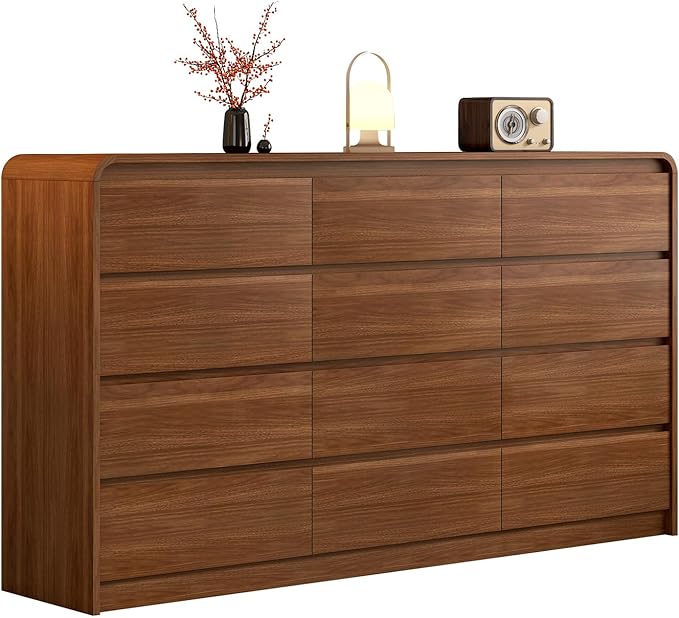 Modern 12-Drawer Dresser 63-Inch Wide, Curved Anti-Collision Design, Mid-Century Storage Cabinet with Pre-Embedded Slots, Sturdy Reusable, Ideal for Bedroom/Living Room/TV (Brown, 12-63)