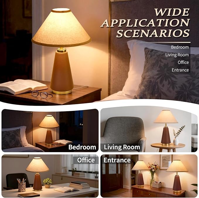 18.11 Inch Brown Table Lamp Set of 2, Farmhouse Table Lamps with Beige Fabric Shade, PU Leather for Kitchen Counter, Bedroom, Nightstand, Desk Lighting, Bookshelf, Living Room, Kids Dorm