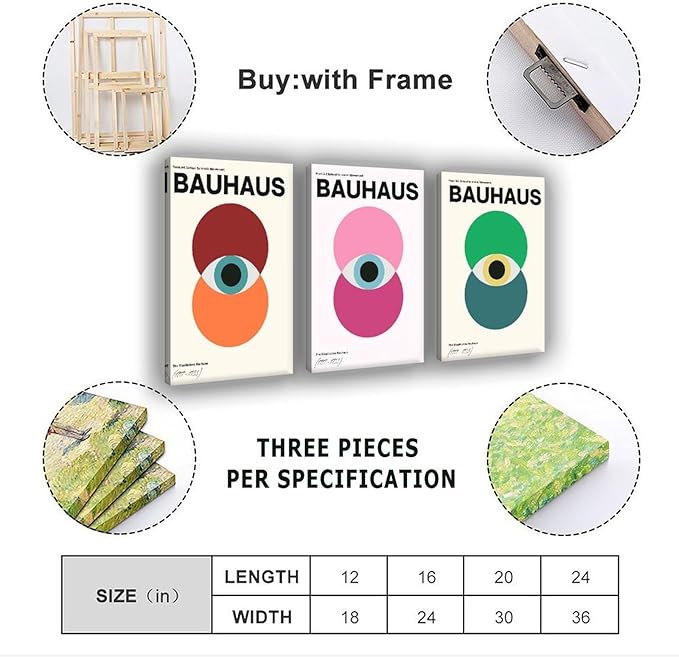 9W Bauhaus Poster Abstract Canvas Wall Art Set of 3 Modern Boho Decor For Bedroom Livingroom Frame-style 24x36inch(60x90cm)