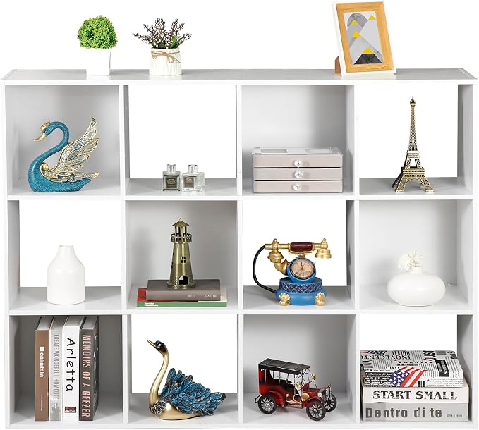ZenStyle 12 Cube Storage Organizer, Freestanding Bookcase Bookshelf, Modern Multipurpose Display Cabinet for Living Room, Study, Reading Nook, Closet, Bathroom, Office, White