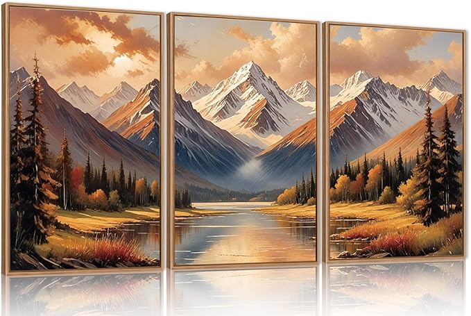 FWIEXA Fall Mountain Framed Canvas Wall Art Set, Autumn Pine Tree Forest Modern Wall Decor, Grassland River Artwork, Woodland Landscape Scenery Prints for Living Room, Office - Size 16"x24"x3