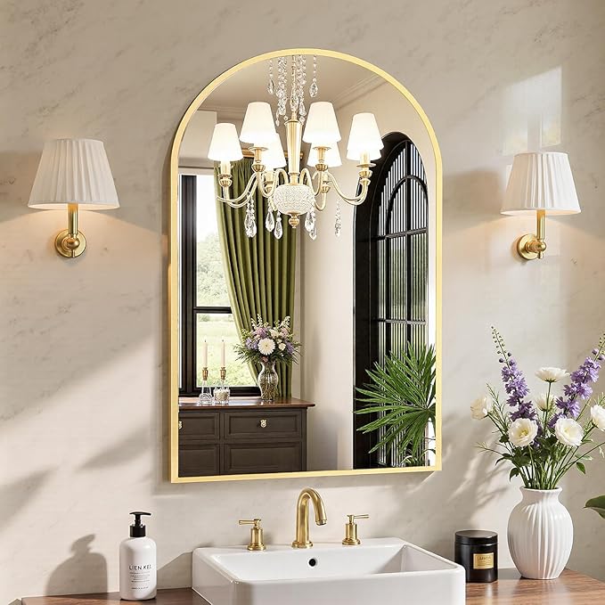 Sweetcrispy 22"x 30" Arched Gold Bathroom Mirrors for Wall | Bathroom Mirrors for over sink, Metal Framed with HD Shatter-Proof Glass for Entryway, Bedroom, Dressing Room, Home Decor