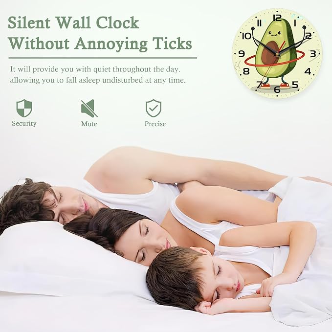 Wall Clock for Bathroom,Cute Avocado Wall Clocks Silent Non-Ticking Battery Operated Clock 10 Inch,Wall Clocks Decorative for Living Room,Kitchen,Office