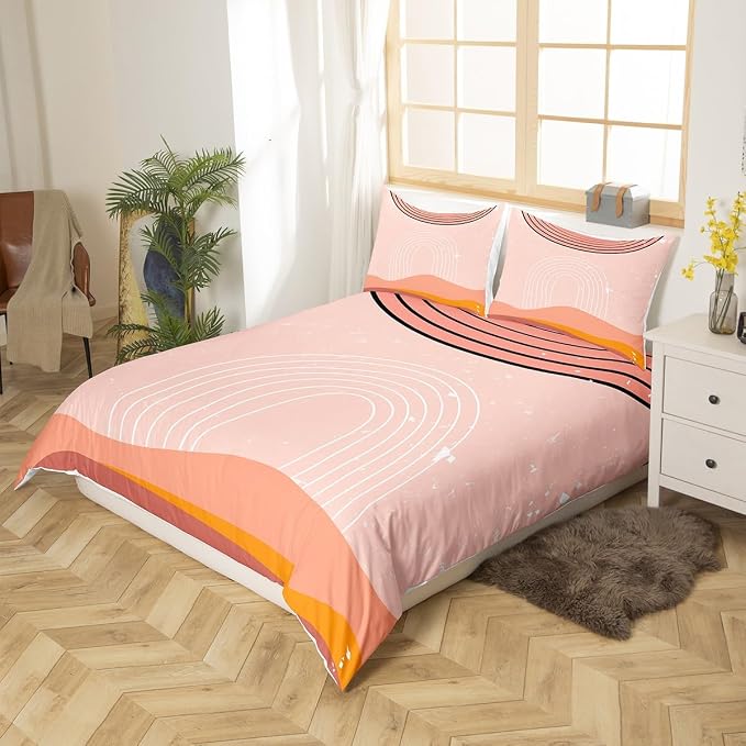 Erosebridal Pink Aesthetic Bedding Sets Queen Girly Minimalist Comforter Cover for Girls Women, Modern Bed Set Mid Century Duvet Cover, Boho Abstract Art Quilt Cover Microfiber (Zipper Closure)