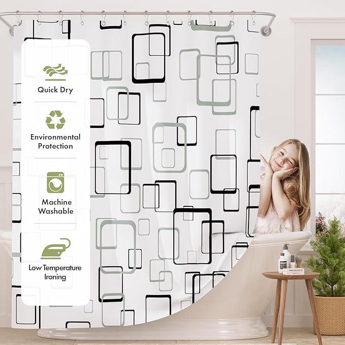 AmazerBath Shower Curtain Grey, Geometric Plaid Cloth Shower Curtain Sets with 12 Shower Curtain Hooks, Washable Fabric White Shower Curtain, Luxury Farmhouse Bathroom Shower Curtain, 72x72 Inches