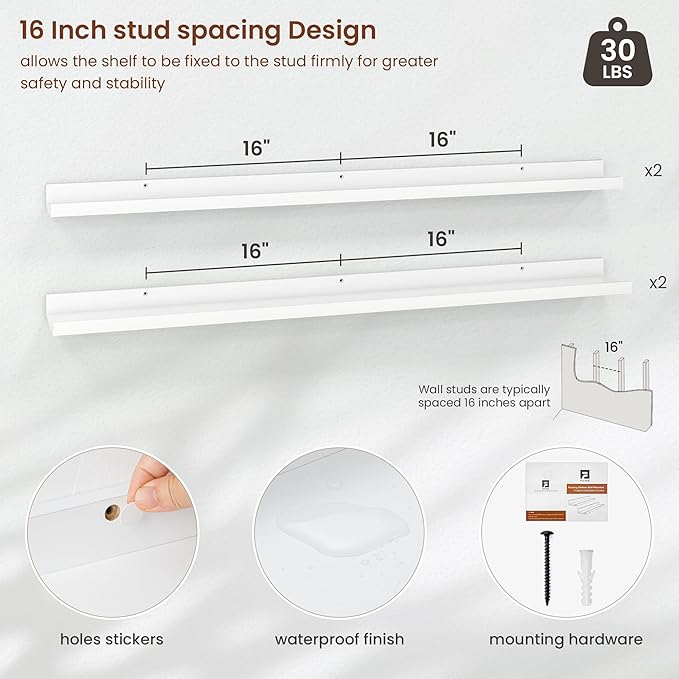 Axeman Picture Ledge Shelf | 48 Inch White Floating Shelves Set of 4 | Rustic Wood Wall Shelves with Lip | 48" White Picture Shelves for Wall with Ledge | Photo Shelves
