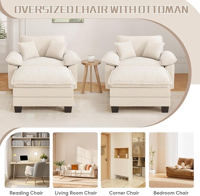Chaise Lounge Chair Indoor, Oversized Accent Chairs with Ottoman, Luxury Corduroy Upholstered Deep Seat Sleeper Sofa Reading Chairs and A Half with Pillows for Living Room, Bedroom, Apartment,Beige