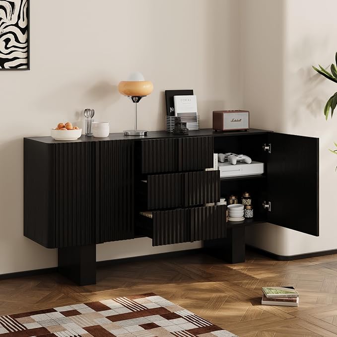 Rophefx 63" Buffet Cabinets with Storage, Wood Side Cabinet with 3 Drawers & 2 Doors, Mid-Century Modern Buffet Table with Anti-Tip Device & Foot Pads for Kitchen, Living Room, Dining Room(Black