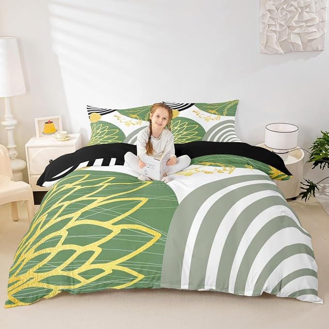 Mid Century Modern Duvet Cover King Size for Kids Teens Adults - White and Green Abstract Comforter Cover Boho Minimalist Aesthetic Bedding Set Chic Modern Geometric Bohemian Floral Bed Set