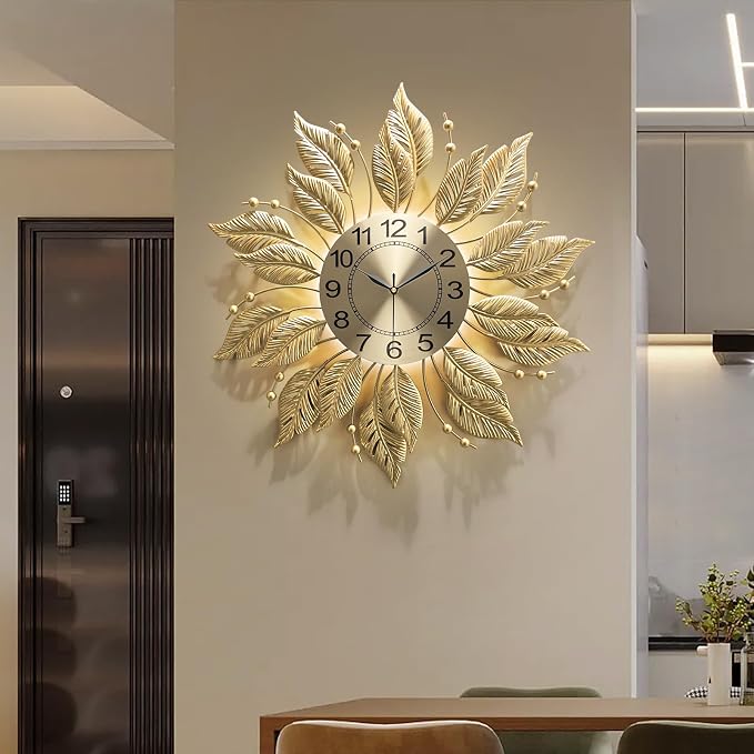 Gold Wall Clock Sunburst,23 Inch Mid Century Decorative Modern Wall Clocks Battery Operated Sunburst Large Handmade Home Art Decor for Living Room,Corridor,Staircase,Kitchen&Thoughtful Gift