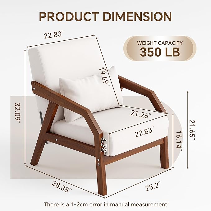 Solid Wood Accent Chair Mid-Century Modern Lounge Armchairs, Fabric Upholstered Soft Comfy Living Room Chairs with Armrest Waist Cushion Pillow for Office Reading Waiting Room (Brown Arm)