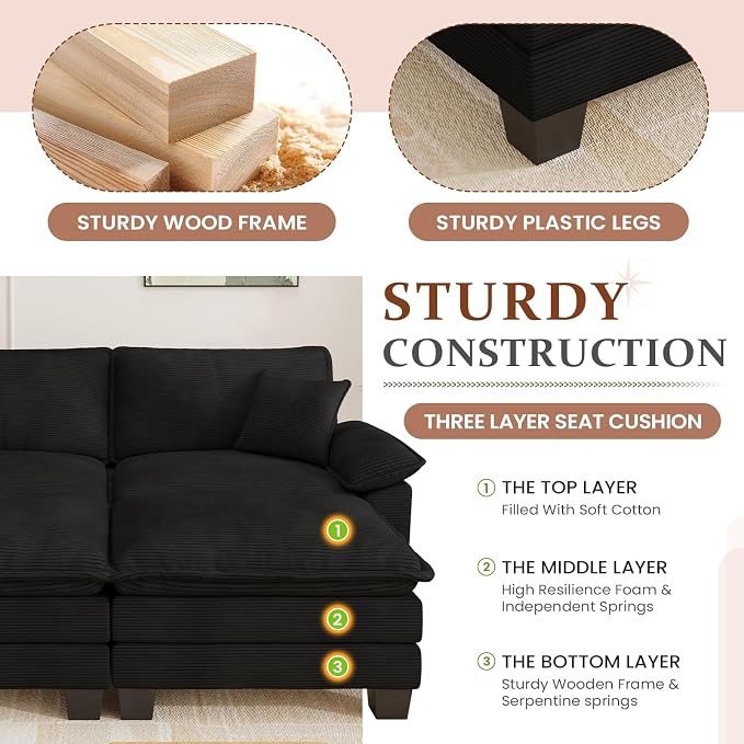 Modular Sectional Sofa Cloud Couch, Comfy Corduroy Loveseat with Ottoman Upholstered Deep Seat Sleeper Sofa Bed 2 Seater Couch Oversized Chaise Lounge Chair Indoor for Living Room Bedroom, Black
