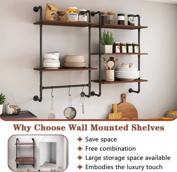 Anwick 3 Tier and 2 Tier Wood Wall Mounted Bookshelf with Metal Frame Wood Hanging Storage Bookcase, Open Storage Rack for Living Room, Home, Office, Bathroom, Bedroom and Plant Flower (Black)