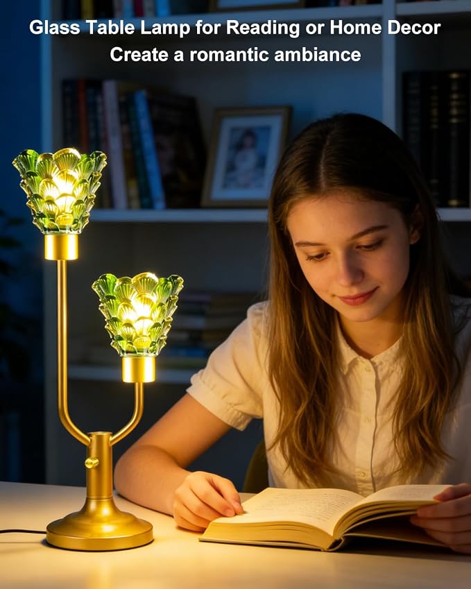 Lightdot Vintage Green Glass Table Lamp for Living Room Dimmable Mid Century Modern Desk Lamp Gold Nightstand Lamp 2 Bulbs Included Warmwhite Ambient Bedside Lamps for Bedroom Home Office Decor Gift