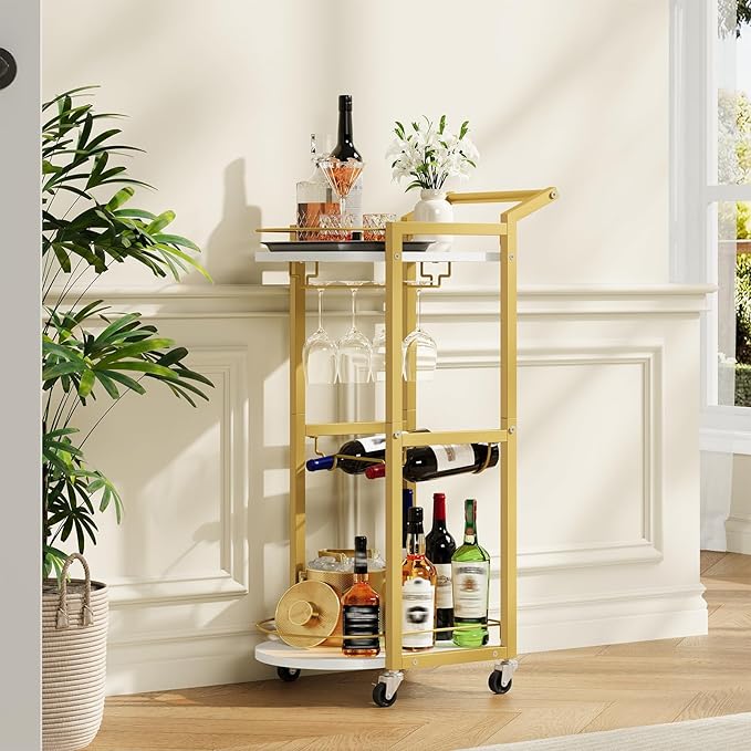 HOOBRO Bar Cart, Bar Cart for The Home, Home Bar Serving Cart on Wheels, Rolling Wine Cart with Wine Rack and Glass Holder, Beverage Cart for Bar, Kitchen, Dining Room, White and Gold DM48TC01