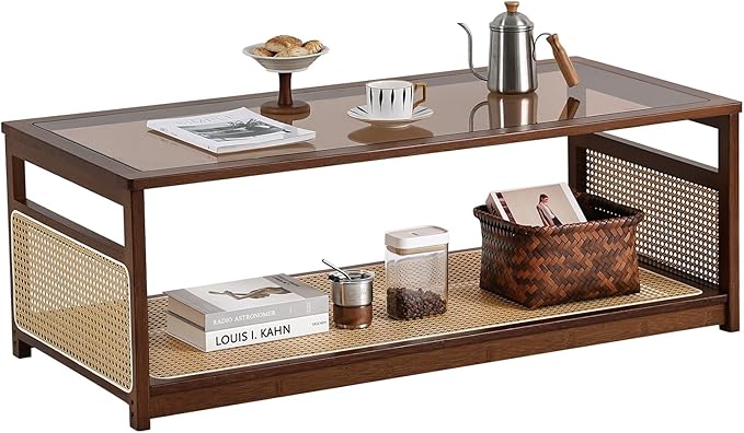 Welnow Rattan Coffee Table for Living Room, Modern 2-Tier Rectangle Center Table with Storage Shelf and Glass Top, Mid-Century Boho Furniture for Apartment, 47.5" Walnut