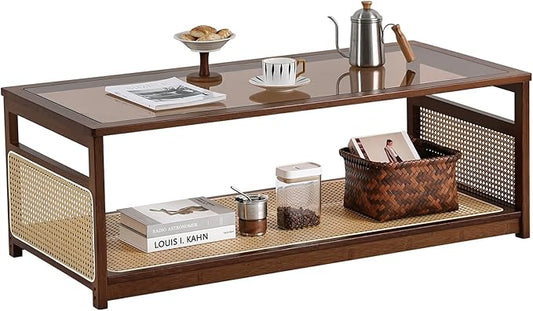 Welnow Rattan Coffee Table for Living Room, Modern 2-Tier Rectangle Center Table with Storage Shelf and Glass Top, Mid-Century Boho Furniture for Apartment, 47.5" Walnut