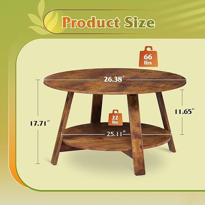 WLIVE Round Coffee Table, 2-Tier Wood Coffee Table with Storage Shelf, Tapered Legs, Circle Wood Small Center Table for Living Room, Apartment, Easy Assembly, Rustic Brown