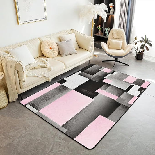 Abstract Pink Black Color Block Area Rug, Non Slip Living Room Rugs, Breathable Durable Carpet for Indoor Bedroom Conference Room Office Decor Rug - 3 ft x 5 ft