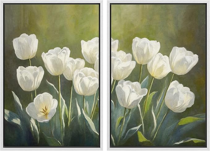 IDEA4WALL Framed Canvas Print Wall Art Set White Tulip Floral Botanical Bloom Illustrations Modern Art Decorative Bohemian Calm/Zen for Living Room, Bedroom, Office - 16"x24"x2 White