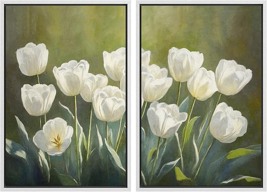 IDEA4WALL Framed Canvas Print Wall Art Set White Tulip Floral Botanical Bloom Illustrations Modern Art Decorative Bohemian Calm/Zen for Living Room, Bedroom, Office - 16"x24"x2 White
