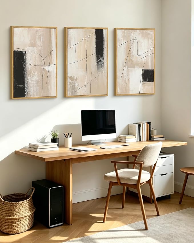 KUVIOKE Abstract Framed Wall Art Minimalist Beige Pastel Watercolor Neutral Wall Decor Modern Black Line Art Painting Home Decor 24x36in (Natural Framed)