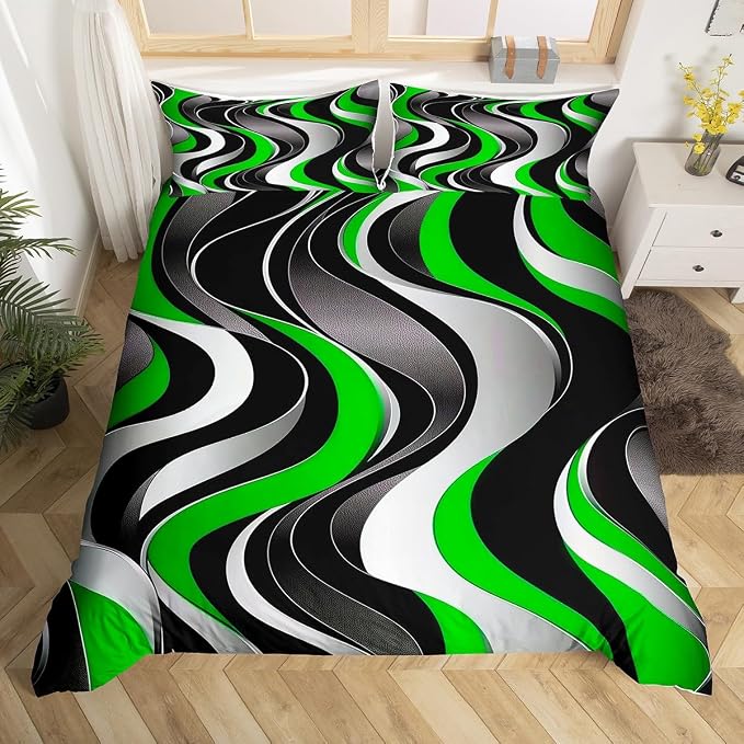Erosebridal Geometric Wavy Lines Duvet Cover Queen for Kids Teens Adults,Minimalist Abstract Art Comforter Cover,Modern Aesthetic Bedding Set,Green Grey Black Bed Set with 2 Pillowcases Bedroom Decor