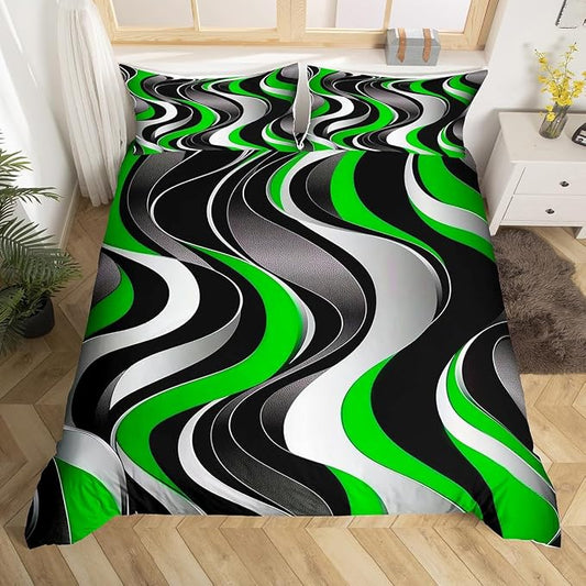 Erosebridal Geometric Wavy Lines Comforter Cover King for Kids Teens Adults,Minimalist Abstract Art Duvet Cover,Modern Aesthetic Bedding Set,Green Grey Black Bed Set with 2 Pillowcases Bedroom Decor