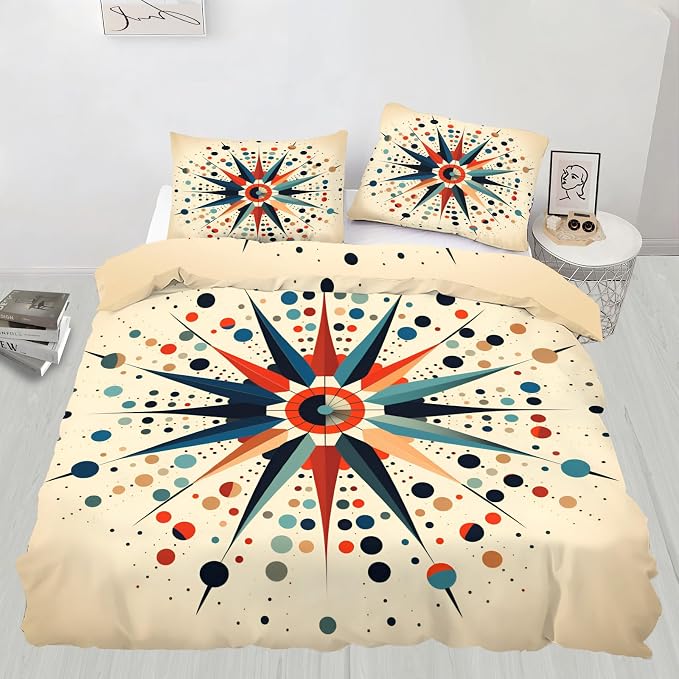 Retro Mid Century Duvet Cover Oversized King, Vintage Geometric Bedding Set 3 Piece Bedroom Decor Colorful Atomic Comforter Cover and 2 Pillow Sham with Zipper Closure