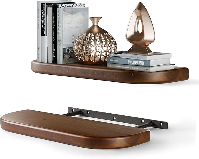 BATODA Set of 2 17" Acacia Wood Floating Shelves Wall Mounted (Round Edge) – Wooden Decorative Wall Bookshelf - Storage Shelf Organizer for Home - Black Brackets and Shelving Mounting Included(Walnut)