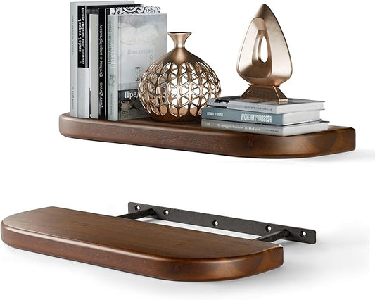 BATODA Set of 2 17" Acacia Wood Floating Shelves Wall Mounted (Round Edge) – Wooden Decorative Wall Bookshelf - Storage Shelf Organizer for Home - Black Brackets and Shelving Mounting Included(Walnut)