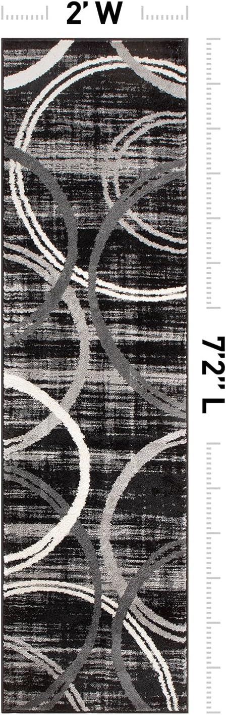 Rugshop Modern Wavy Circles Design Runner Rug, Non-Shedding Carpet for Hallway, Entryway, or Kitchen, Black, 2' x 7'2"