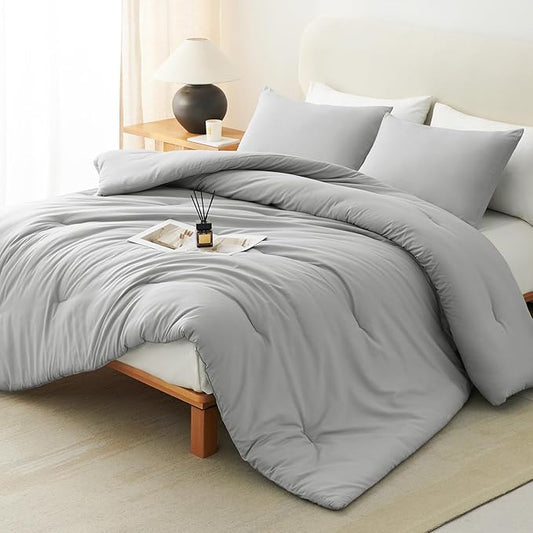 CozyLux King Size Comforter Set Light Grey, 3 Pieces Lightweight Down Alternative Quilted Bedding Sets, Gray All Season Soft Breathable Solid Comforter with 2 Pillowcases, Luxury Bed Set Gift for Home
