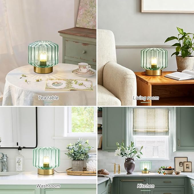 Bedside Table Lamp Touch nightstand lamp with Dark Green Glass Shade Mid Century Modern Table lamp Gold Desk lamp Small Mini Vintage Table Light for end Table Bedroom Living Room Office
