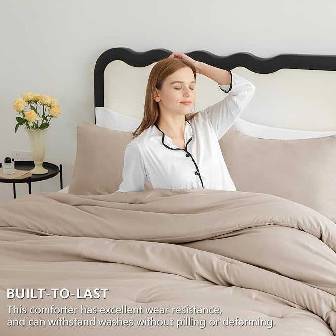 CozyLux King Size Comforter Set Wheat, 3 Pieces Lightweight Down Alternative Quilted Bedding Sets, Gray All Season Soft Breathable Solid Comforter with 2 Pillowcases, Luxury Bed Set Gift for Home