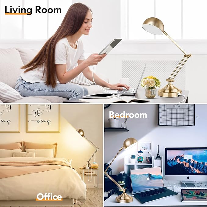 TOBUSA Architect Gold Desk Lamp Dimmable with USB Port, Adjustable Touch Control Vintage Desk Lamp 3 Color Modes, Brass Metal Desk Lamp Retro Style Reading Light for Home Office Desk Bedside Table