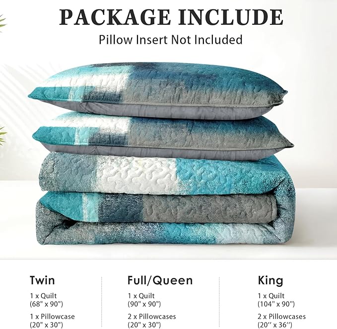 Pamnest Quilt Set Full/Queen Size, Turquoise Grey Painting 3 Pcs Soft Bed Cover Bedding Set for Kids and Adults, Teal Contemporary Gray Lightweight Bedspread Coverlet with Pillow Sham for All Season