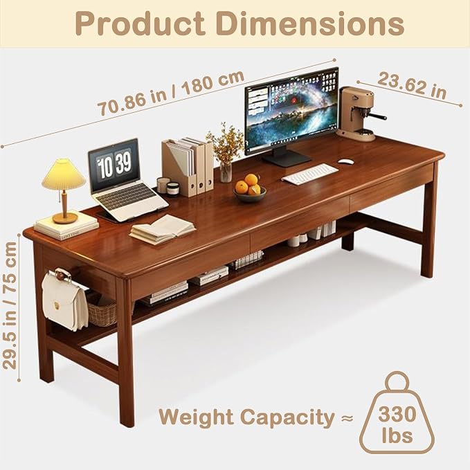 Ytaoka 70.86" Long Solid Wood Desk with 3 Drawers Home Office Computer Desk Mid Century Modern Large Study Writing Desk Simple Real Wood Desk Study Table Workstation, Walnut