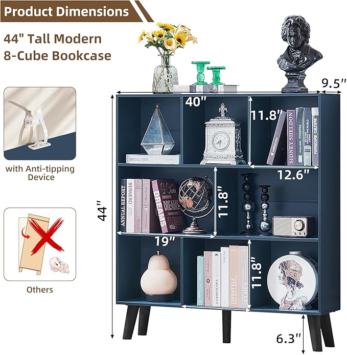 LEYAOYAO 8 Cube Bookshelf,3 Tier Bookcase with Legs,Dark Blue Mid-Century Modern Bookshelves,Large Open Storage Organizer Shelf, Wooden Book Case