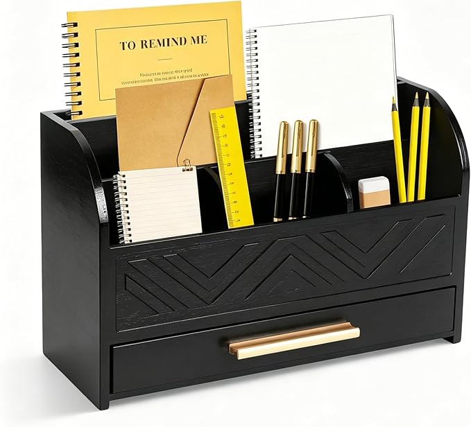 Charmewooden Black Desktop Organizer with Drawer Storage, White Desk Organizer Mail Holder Mail Organizer Countertop Pen Holder Letter Sorter Make up Organizer for School Home Office Supplies