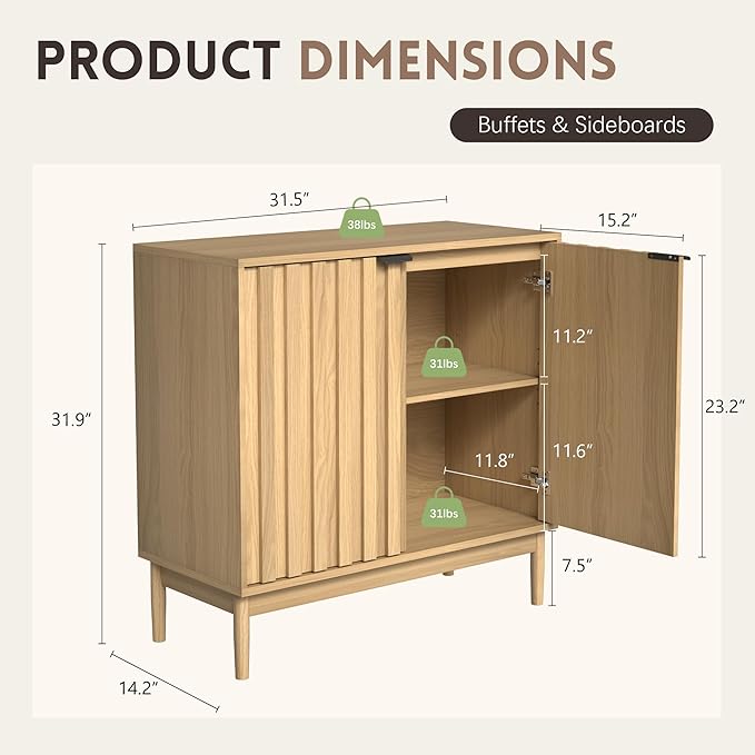 Fluted Cabinet with Storage, Buffet Cabinet Sideboard with Door, Kitchen Buffet Storage Accent Cabinets with Adjustable Shelves for Living Room, Entry, Hallway, Natural