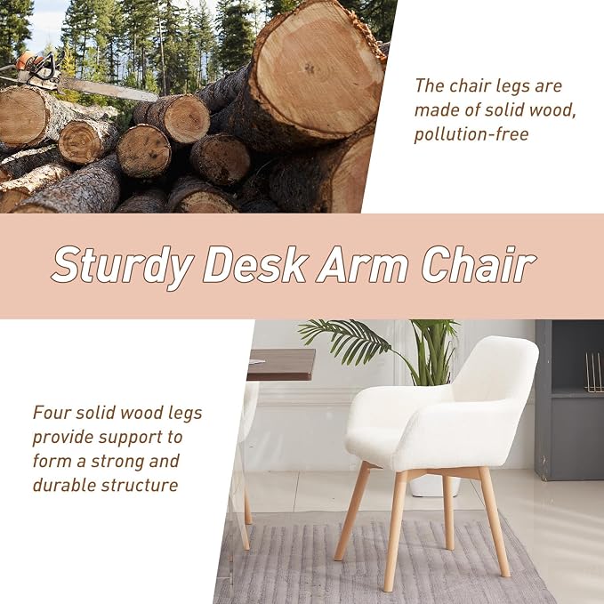 Desk Chair No Wheels Vanity Chair Makeup Chair Comfy Accent Chair for Living Dining Room Bedroom Home Office Mid Century Modern Upholstered Armchair Sofa with Wood Legs (Wool White, 1)