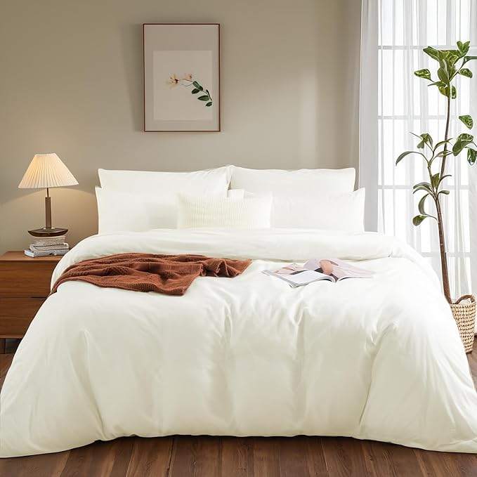 NEXHOME PRO Full Duvet Cover Set, 100% Washed Cotton with Linen-Like Texture, Natural Organic, Breathable & Comfortable, Includes Home Bedding Set Milk White (No Comforter) 8090