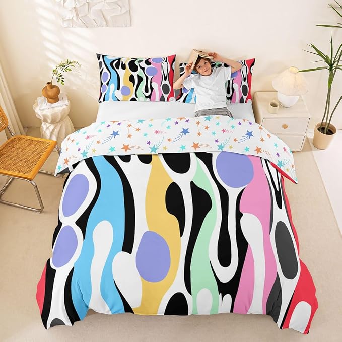 Erosebridal Organic Abstract Duvet Cover Set Modern Contemporary Full Size Bedding Sets for Child Boys Boho Mid Century Wavy Lines Comforter Cover Retro Geometric Bed Set,Rainbow Purple