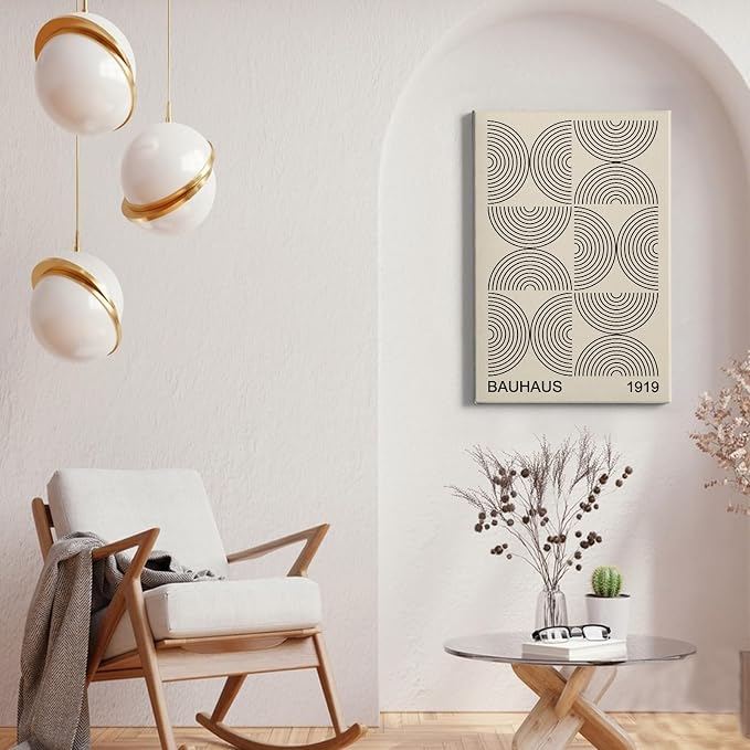 Bauhaus Canvas Wall Art Boho Minimalist Posters Black and Beige Artwork Abstract Neutral Prints Geometric Gallery Wall Art Bauhaus Exhibition Poster Mid Century Modern Painting 16x24inch Wood Framed