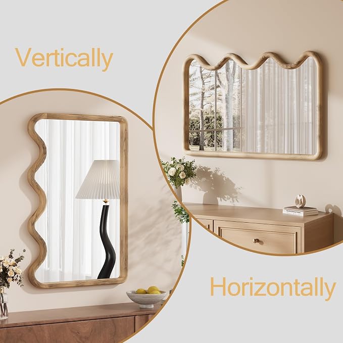 ULIKE Wavy Mirror for Wall, Rustic Wood Mirror for Bathroom Vanity, 24x36 Wooden Wall Mirrors Decorative for Bedroom, Living Room, Entryway, Brown