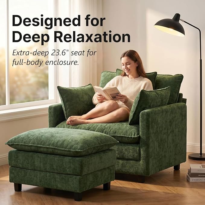GRAVFORCE Oversized Chair with Ottoman, Comfy Upholstered Chaise Lounge Chair, Accent Indoor Reading Chairs for Living Room, Bedroom (Green)