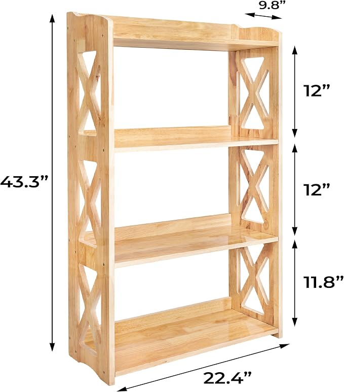 Natural Bookcase by Natural Wood, 4 Tier Bookshelf, Small Book Shelves Freestanding Display Storage Shelves. Open Bookshelf for Bedroom, Living Room and Office (Natural, 4 Tier)