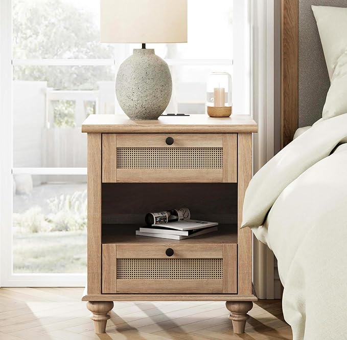 WAMPAT Rattan End Table with Charging Station for Living, Small Sofa Side Table with 2 Drawers & Open Shelf, Farmhouse Wooden Night Stand Retro Bedside Table for Living Room, Light Oak