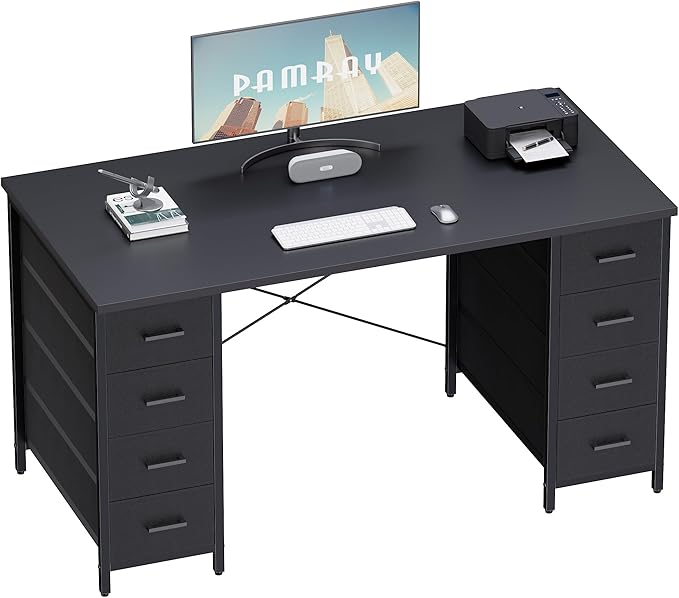 Pamray 47 Inch Computer Desk with 8 Fabric Drawers PC Gaming Desk Home Office Study Work Writing Table for Bedroom Matte Black